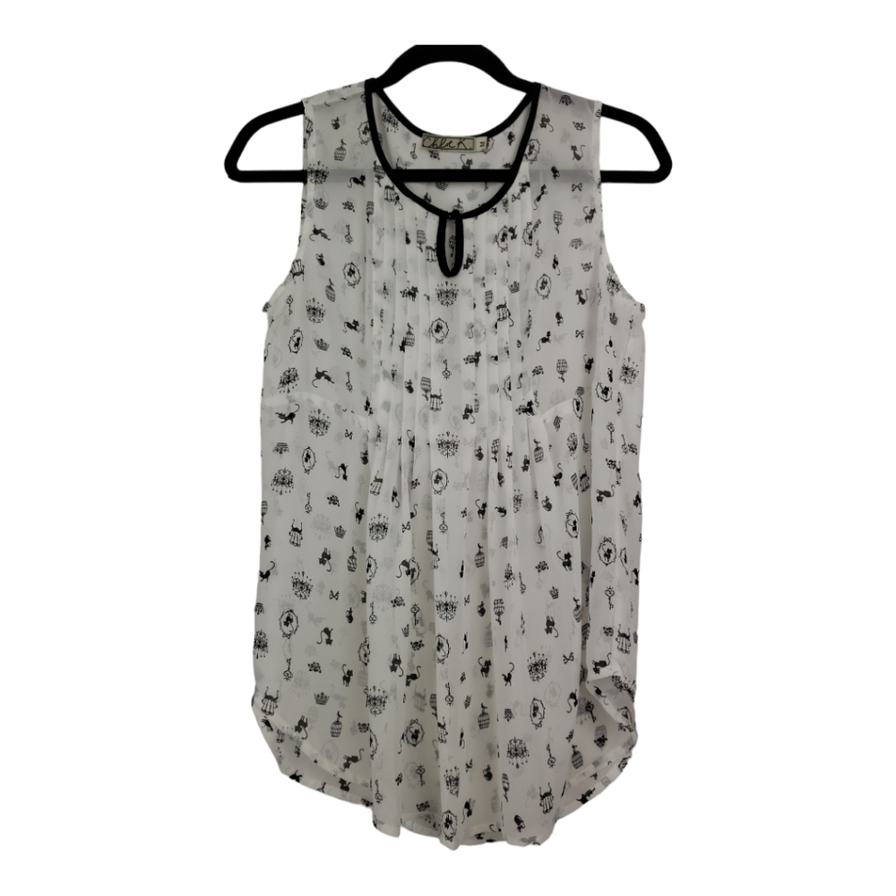 Chloe K Black Cat Novelty Print Blouse Size Medium Cream/Black
